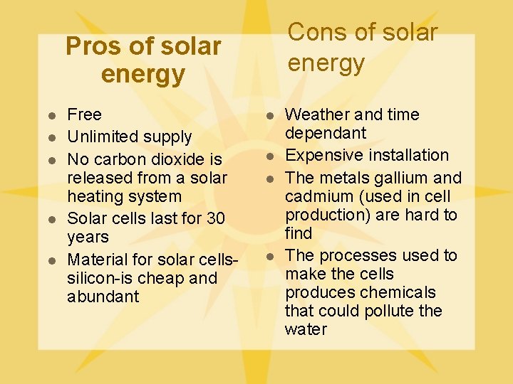 Cons of solar energy Pros of solar energy l l l Free Unlimited supply