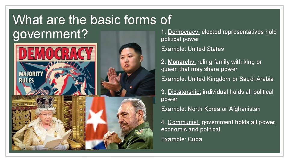 What are the basic forms of 1. Democracy: elected representatives hold government? political power