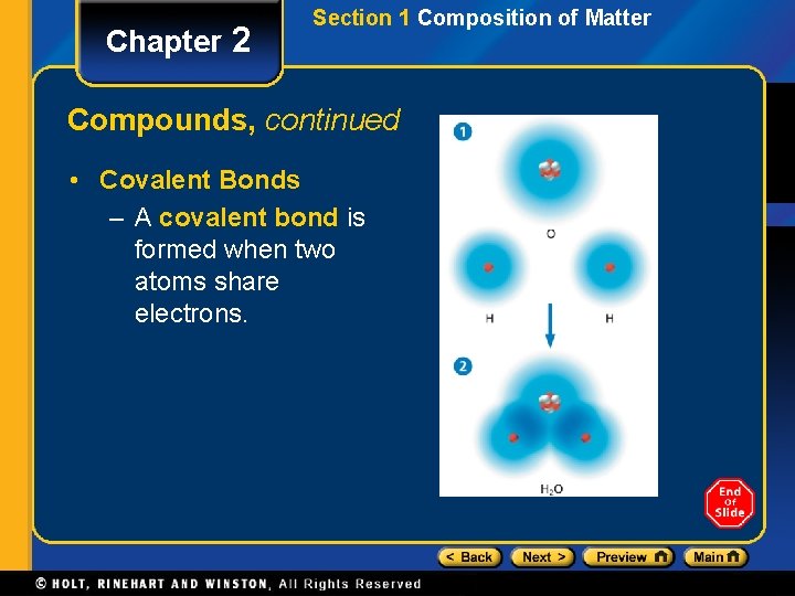 Chapter 2 Section 1 Composition of Matter Compounds, continued • Covalent Bonds – A