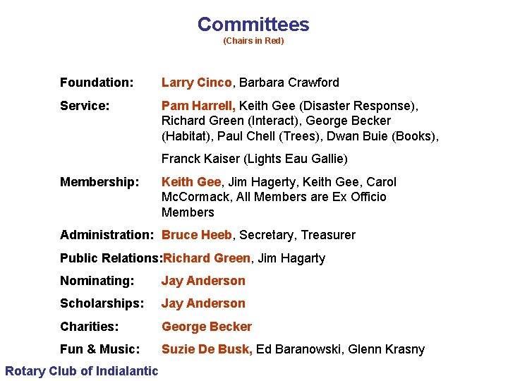 Committees (Chairs in Red) Foundation: Larry Cinco, Barbara Crawford Service: Pam Harrell, Keith Gee