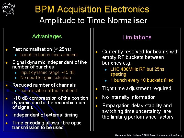 BPM Acquisition Electronics Amplitude to Time Normaliser Advantages ● Fast normalisation (< 25 ns)