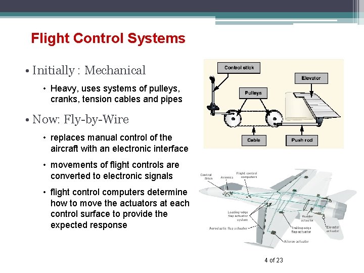 Flight Control Systems • Initially : Mechanical • Heavy, uses systems of pulleys, cranks,