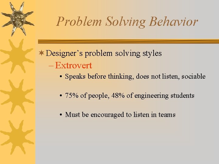 Problem Solving Behavior ¬ Designer’s problem solving styles – Extrovert • Speaks before thinking,