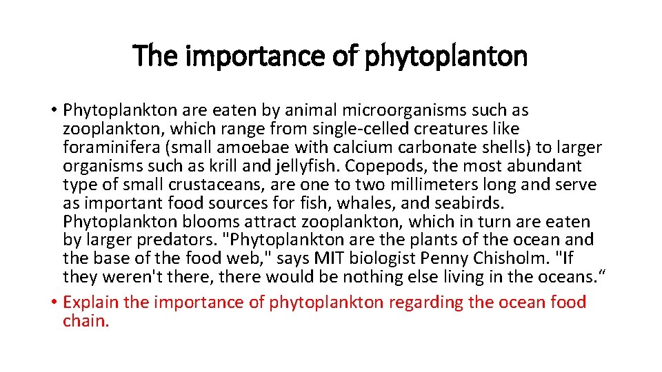 The importance of phytoplanton • Phytoplankton are eaten by animal microorganisms such as zooplankton,