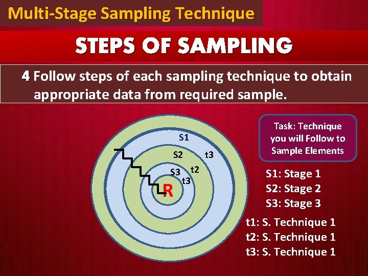 Multi-Stage Sampling Technique STEPS OF SAMPLING 4 Follow steps of each sampling technique to