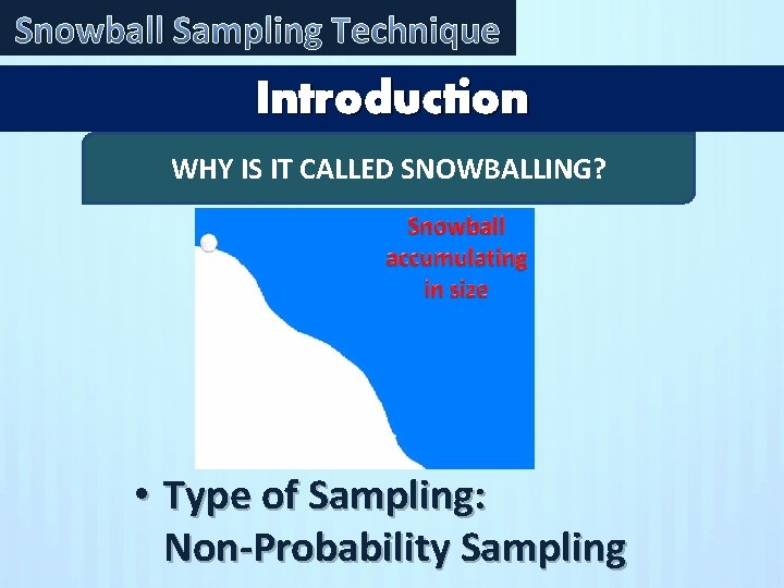 Snowball Sampling Technique Introduction WHY IS IT CALLED SNOWBALLING? • Type of Sampling: Non-Probability Snowball Sampling Technique Introduction WHY IS IT CALLED SNOWBALLING? • Type of Sampling: Non-Probability