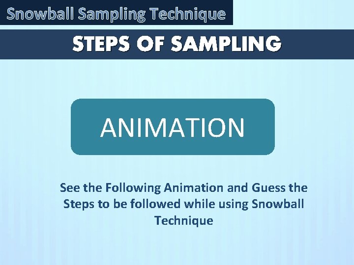 Snowball Sampling Technique STEPS OF SAMPLING ANIMATION See the Following Animation and Guess the