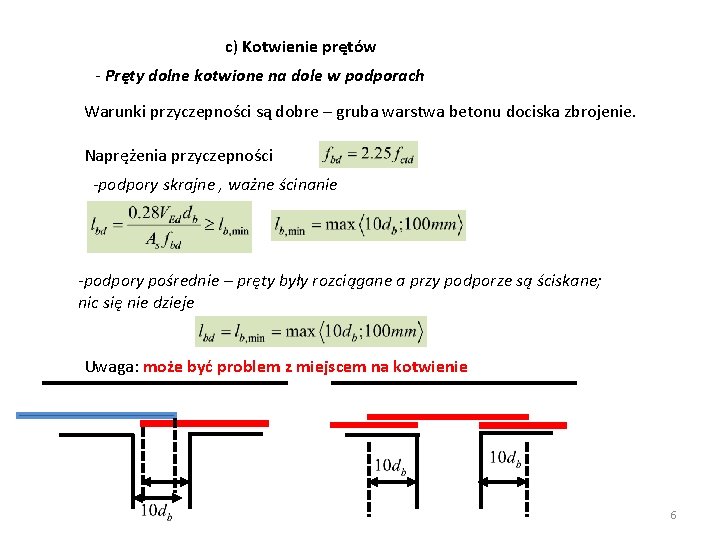 c) Kotwienie prętów - Pręty dolne kotwione na dole w podporach Warunki przyczepności są c) Kotwienie prętów - Pręty dolne kotwione na dole w podporach Warunki przyczepności są