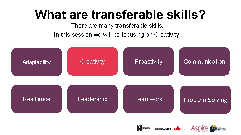 What are transferable skills? There are many transferable skills. In this session we will