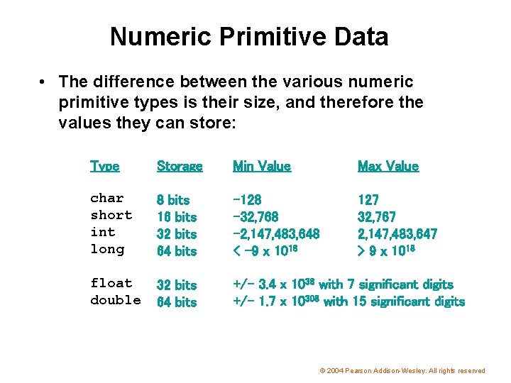 Numeric Primitive Data • The difference between the various numeric primitive types is their