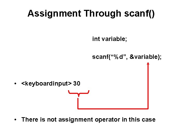 Assignment Through scanf() int variable; scanf(“%d”, &variable); • <keyboardinput> 30 • There is not