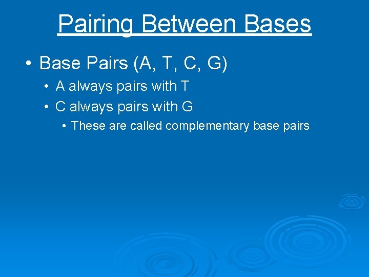 Pairing Between Bases • Base Pairs (A, T, C, G) • A always pairs