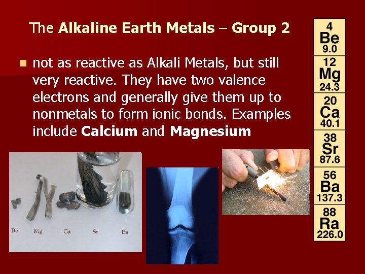 The Alkaline Earth Metals – Group 2 n not as reactive as Alkali Metals,