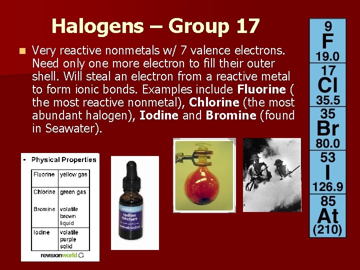 Halogens – Group 17 n Very reactive nonmetals w/ 7 valence electrons. Need only