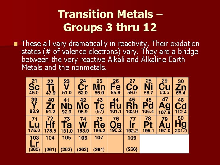 Transition Metals – Groups 3 thru 12 n These all vary dramatically in reactivity,