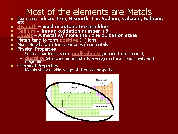 n n n n Most of the elements are Metals Examples include: Iron, Bismuth,