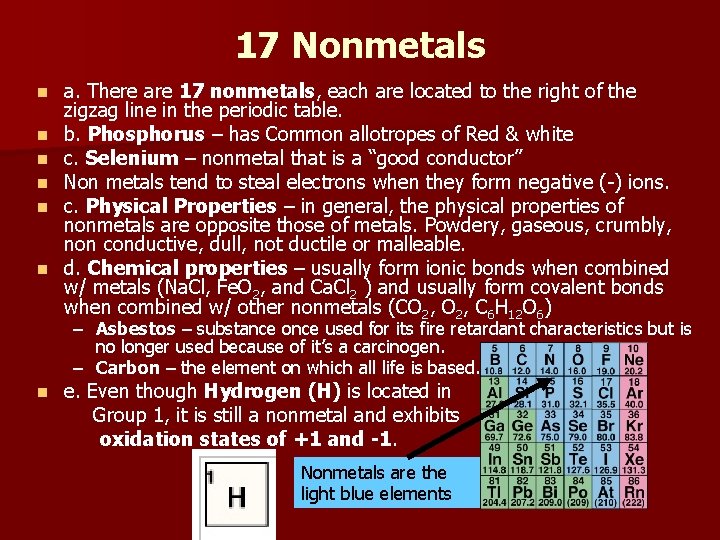 17 Nonmetals n n n a. There are 17 nonmetals, each are located to
