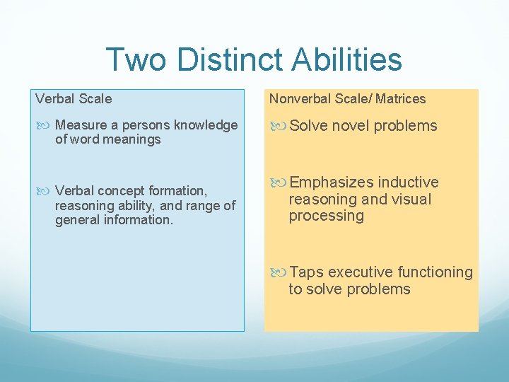 Two Distinct Abilities Verbal Scale Nonverbal Scale/ Matrices Measure a persons knowledge Solve novel