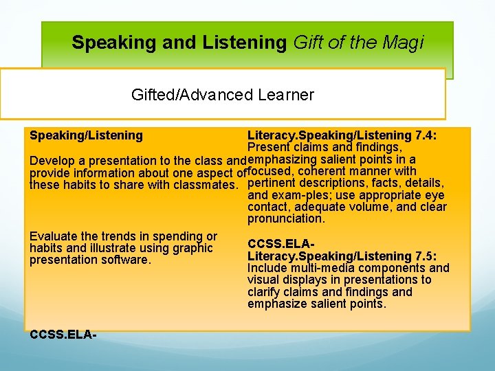 Speaking and Listening Gift of the Magi Gifted/Advanced Learner Literacy. Speaking/Listening 7. 4: Present
