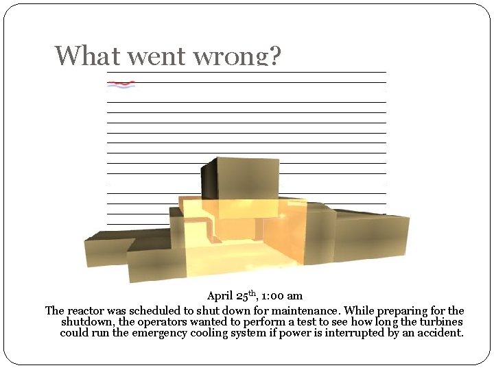 What went wrong? April 25 th, 1: 00 am The reactor was scheduled to