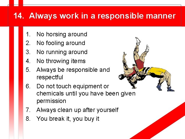 14. Always work in a responsible manner 1. 2. 3. 4. 5. No horsing
