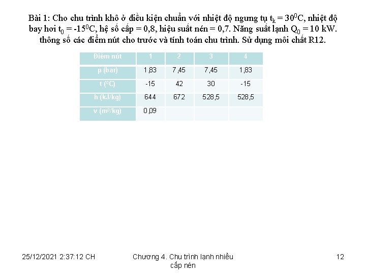 Bài 1: Cho chu trình khô ở điều kiện chuẩn với nhiệt độ ngưng