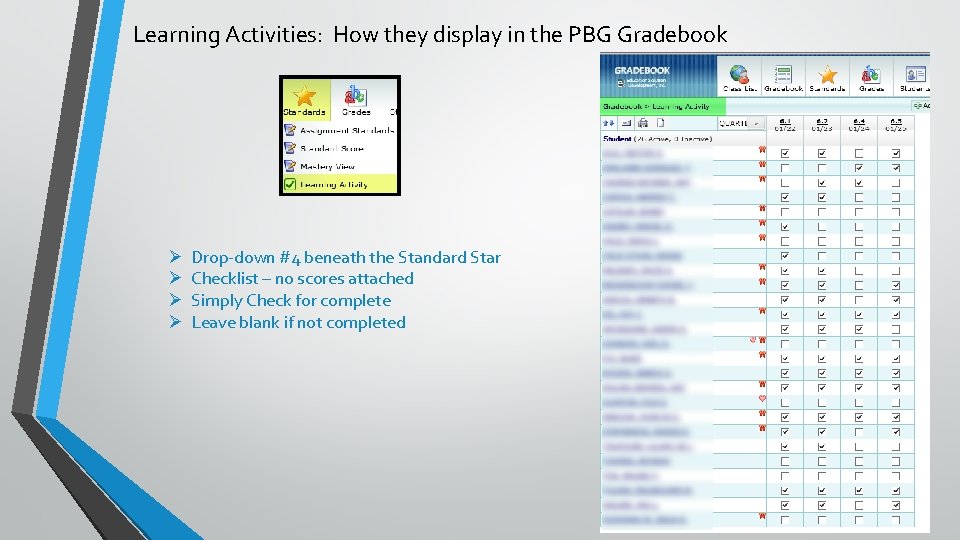 Learning Activities: How they display in the PBG Gradebook Ø Ø Drop-down #4 beneath