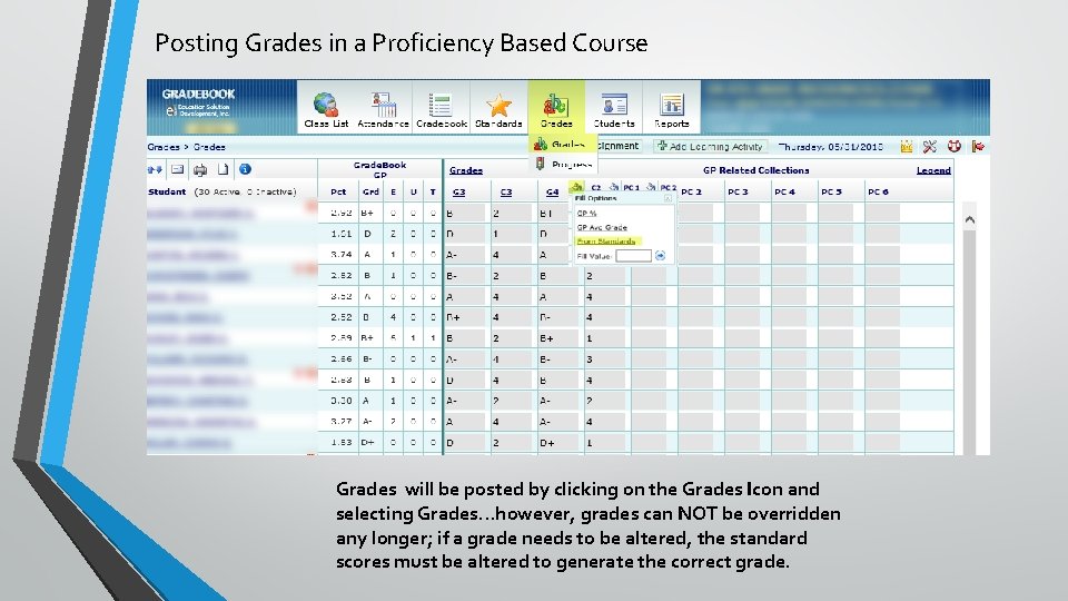 Posting Grades in a Proficiency Based Course Grades will be posted by clicking on