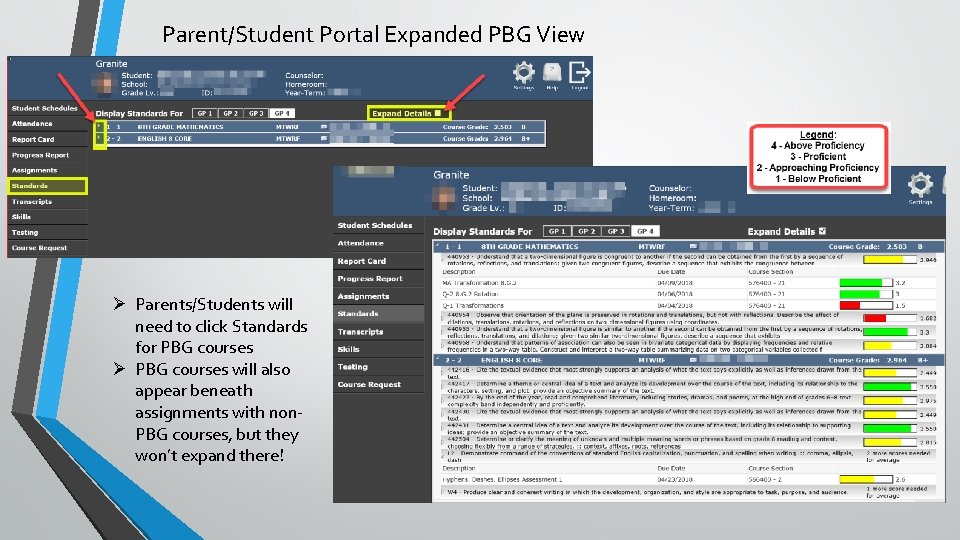Parent/Student Portal Expanded PBG View Ø Parents/Students will need to click Standards for PBG