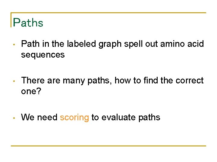 Paths • Path in the labeled graph spell out amino acid sequences • There