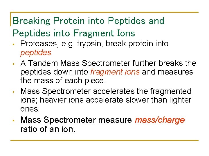 Breaking Protein into Peptides and Peptides into Fragment Ions • • Proteases, e. g.