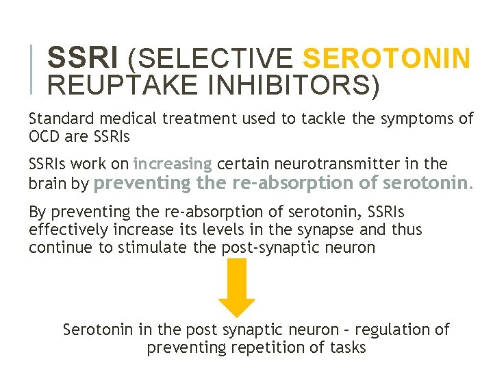 SSRI (SELECTIVE SEROTONIN REUPTAKE INHIBITORS) Standard medical treatment used to tackle the symptoms of
