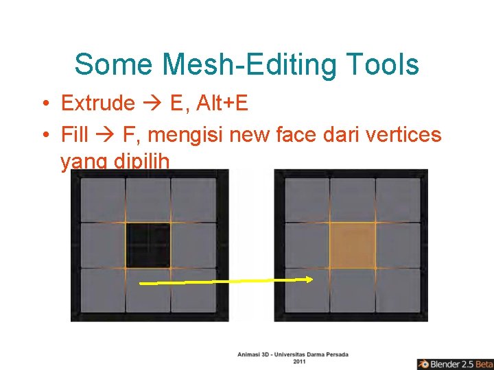 Some Mesh-Editing Tools • Extrude E, Alt+E • Fill F, mengisi new face dari