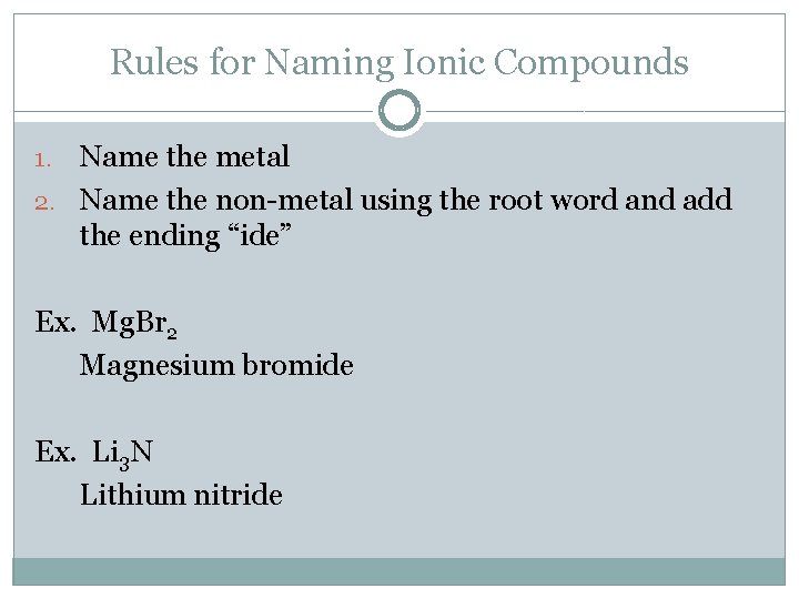 Rules for Naming Ionic Compounds Name the metal 2. Name the non-metal using the
