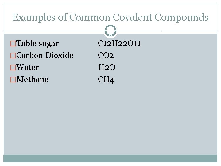 Examples of Common Covalent Compounds �Table sugar �Carbon Dioxide �Water �Methane C 12 H