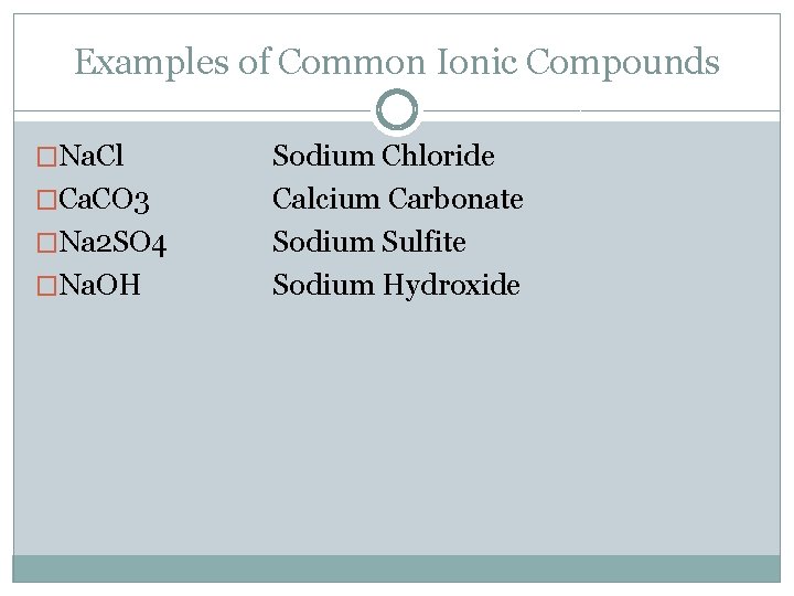 Examples of Common Ionic Compounds �Na. Cl �Ca. CO 3 �Na 2 SO 4