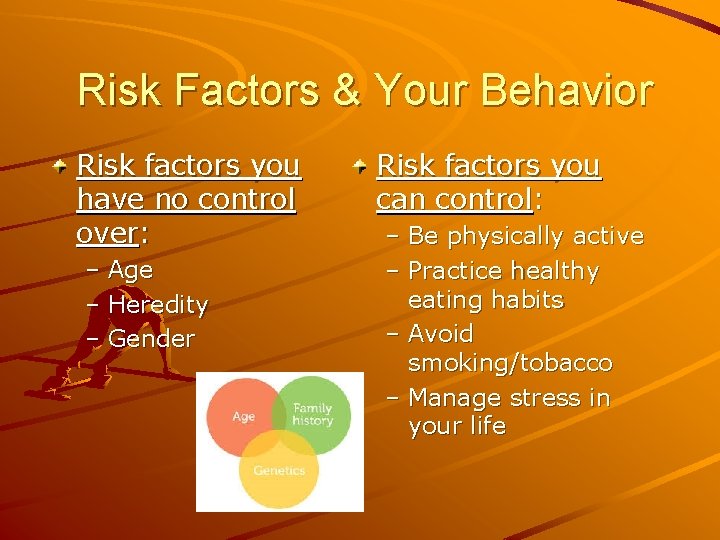 Risk Factors & Your Behavior Risk factors you have no control over: – Age