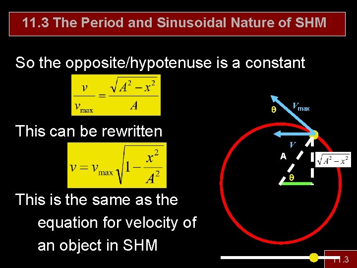 11. 3 The Period and Sinusoidal Nature of SHM So the opposite/hypotenuse is a