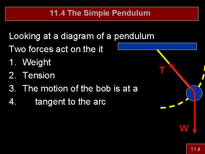 11. 4 The Simple Pendulum Looking at a diagram of a pendulum Two forces