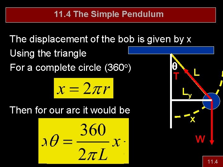 11. 4 The Simple Pendulum The displacement of the bob is given by x