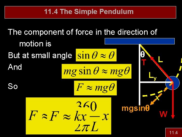 11. 4 The Simple Pendulum The component of force in the direction of motion