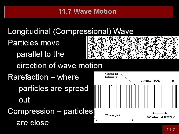 11. 7 Wave Motion Longitudinal (Compressional) Wave Particles move parallel to the direction of