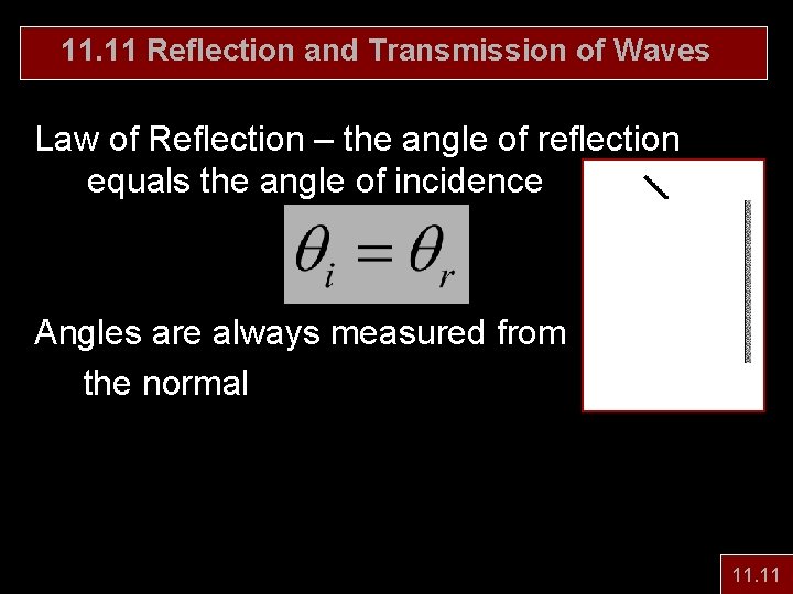 11. 11 Reflection and Transmission of Waves Law of Reflection – the angle of