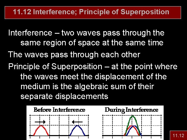 11. 12 Interference; Principle of Superposition Interference – two waves pass through the same