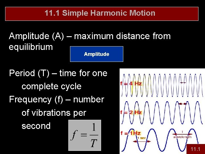 11. 1 Simple Harmonic Motion Amplitude (A) – maximum distance from equilibrium Amplitude Period