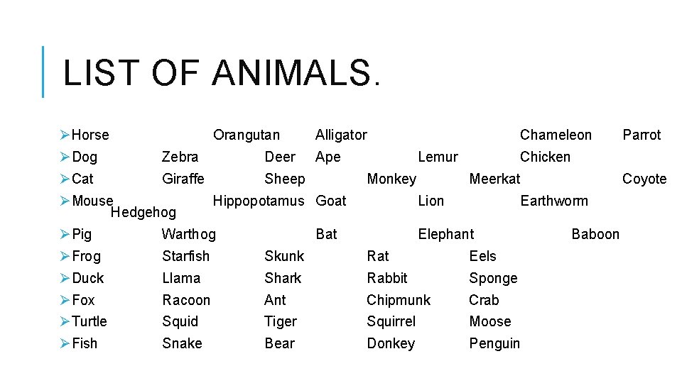 LIST OF ANIMALS. ØHorse Orangutan ØDog Zebra Deer ØCat Giraffe Sheep ØMouse Hedgehog Alligator