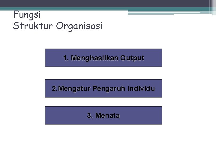 Fungsi Struktur Organisasi 1. Menghasilkan Output 2. Mengatur Pengaruh Individu 3. Menata 