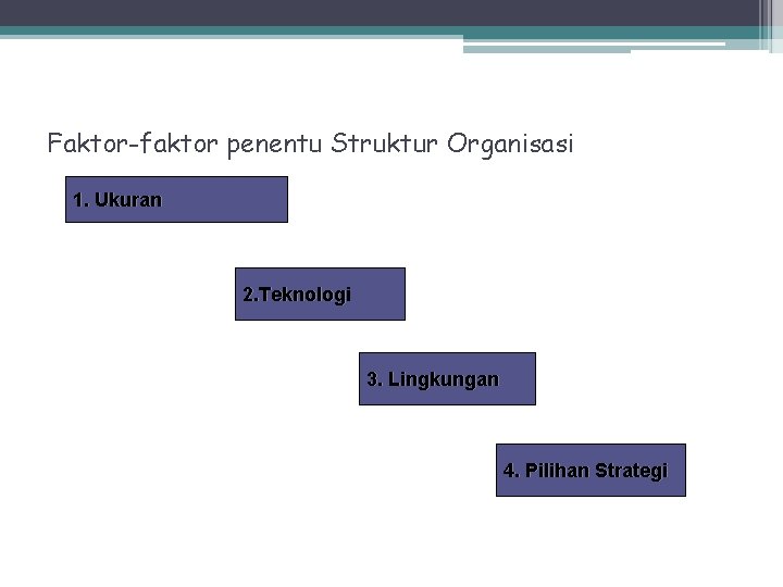 Faktor-faktor penentu Struktur Organisasi 1. Ukuran 2. Teknologi 2. Teknolog 3. Lingkungan 4. Pilihan