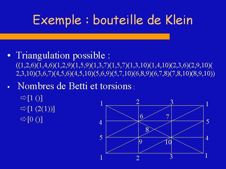 Exemple : bouteille de Klein • Triangulation possible : ((1, 2, 6)(1, 4, 6)(1,