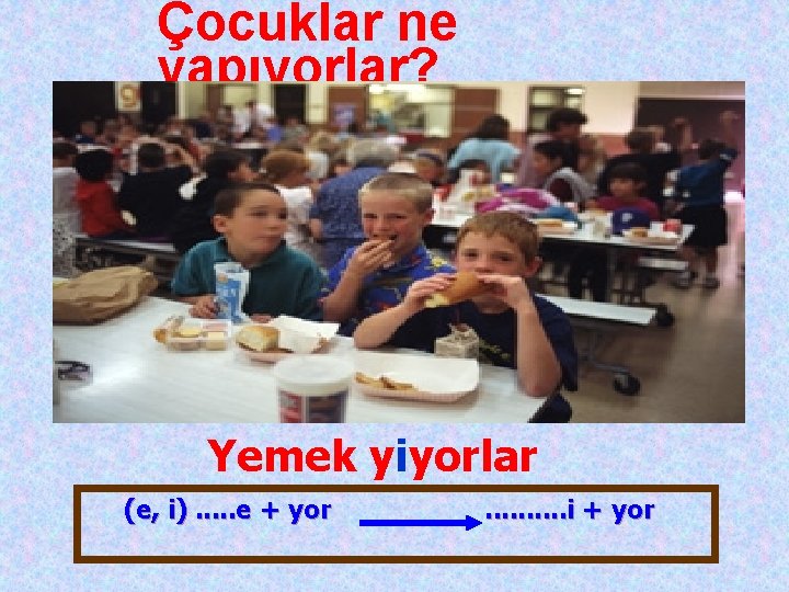 Çocuklar ne yapıyorlar? Yemek yiyorlar (e, i). . . e + yor . .